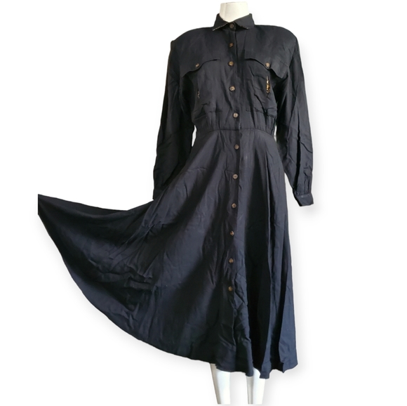 Vintage 70s80s Studio I Black Longsleeved Flowy Rayon Shirt Dress Midi Sz 6 - Picture 7 of 7